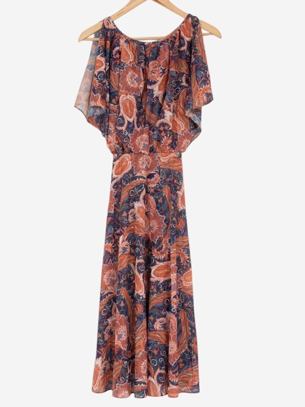 vintage 70s orange paisley print summer boho dress size small
